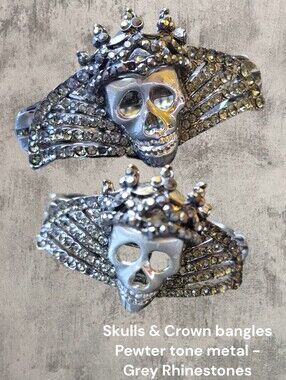 💀Skull Crown 👑Bangle Bracelet - Grey Rhinestones 💀 Pewter Metal